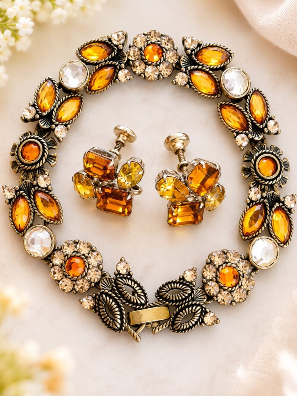 1960s Amber Rhinestone Bracelet & Matching Screw Back Earrings Set MCM Jewelry